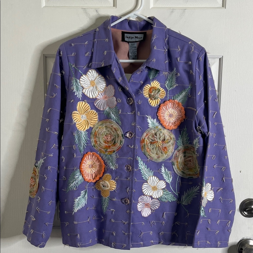 Indigo Moon‎ Floral Embroidered Applique Jacket Purple Medium Cottagecore New